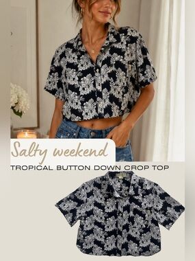 Salty Weekend Black White Floral Tropical Crop Button Up Shirt - Size S